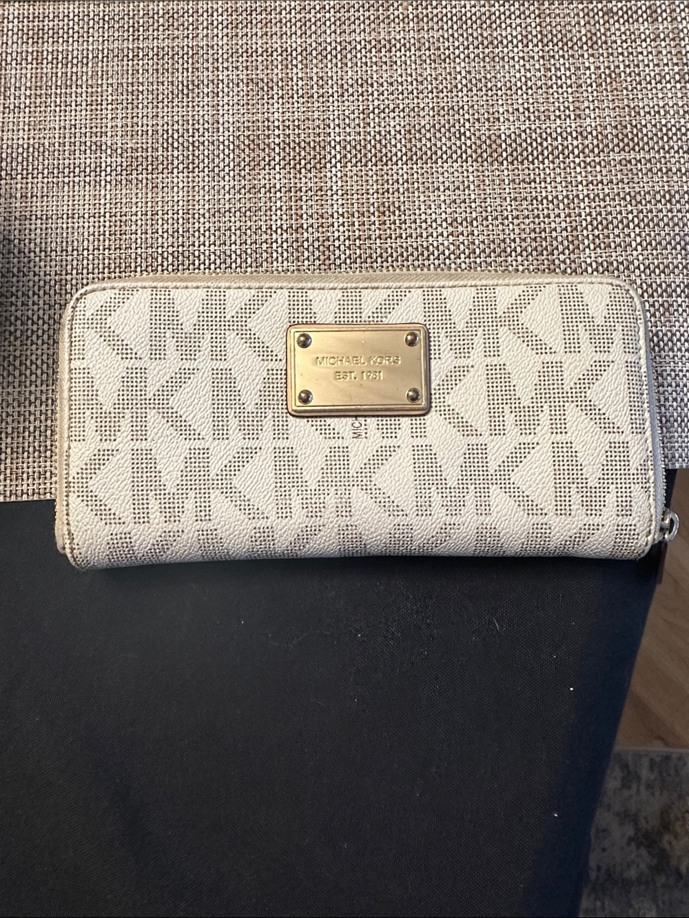 Michael Kors Beige Logo Zip-Around Wallet with Gold Plate